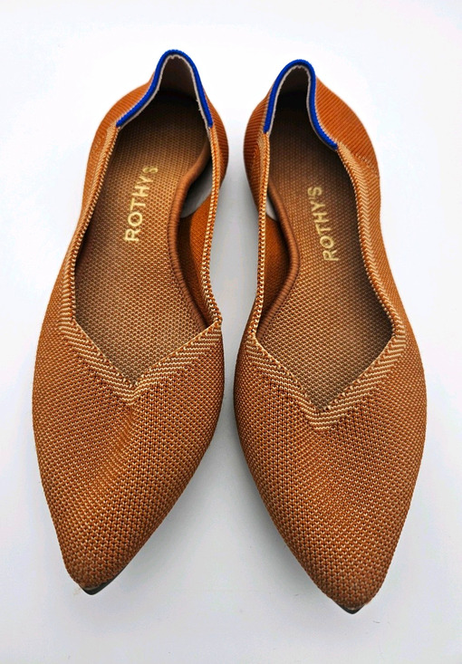 Rothy's Shoes - Rothy's The Point Slip-On Flats Amber Brown Knit Blue Trim Logo sz 7.5*